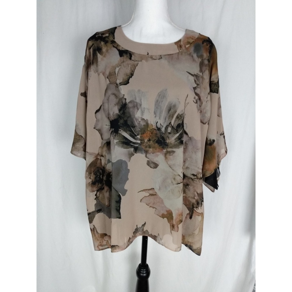 Lisa Bayne XS Blouse Two Layer Polyester Feel Sheer‎ USA Tan Black Flowing
